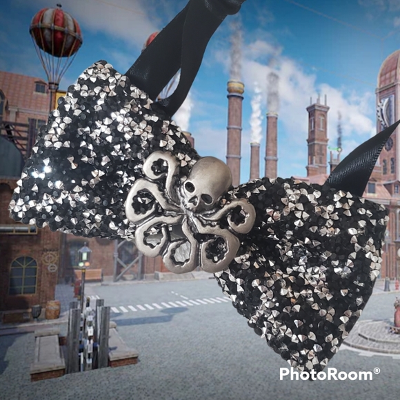 Steampunk octopus mens rhinestones bling bowtie wedding Halloween black silver - Picture 2 of 13